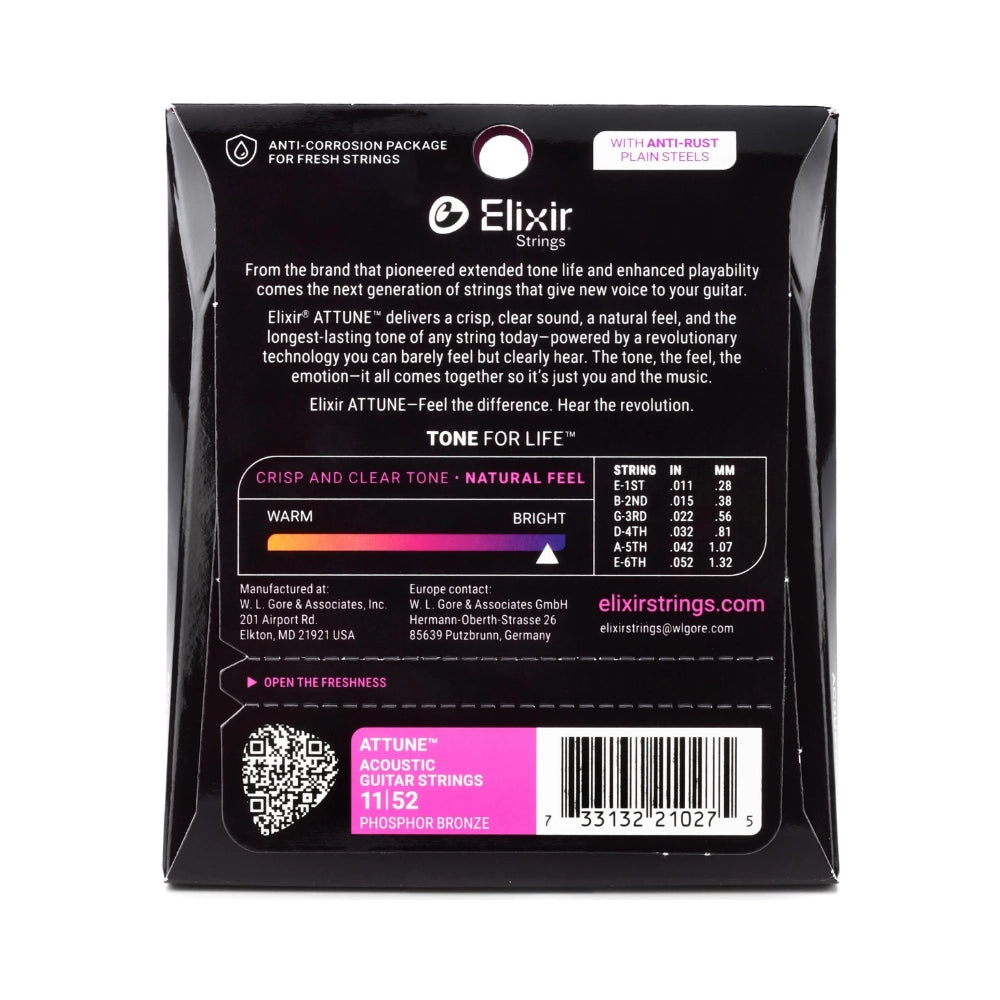 Elixir 21027 Attune Phosphor Bronze Acoustic Guitar Strings - .011-.052 Custom Light