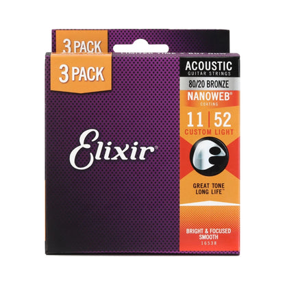 Elixir 11027 Nanoweb 80/20 Acoustic Guitar Strings - .011-.052 Custom Light (3-pack)