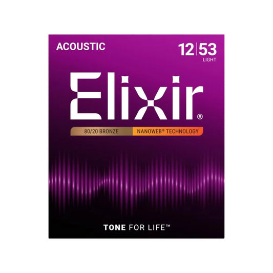 Elixir 11052 Nanoweb 80/20 Bronze Acoustic Guitar Strings - .012-.053 Light