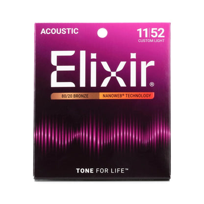 Elixir 11027 Nanoweb 80/20 Acoustic Guitar Strings - .011-.052 Custom Light