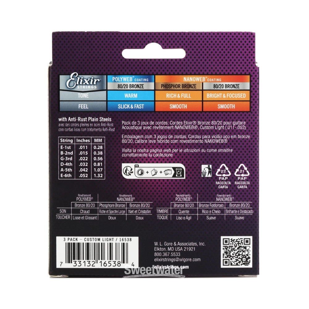 Elixir 11027 Nanoweb 80/20 Acoustic Guitar Strings - .011-.052 Custom Light (3-pack)