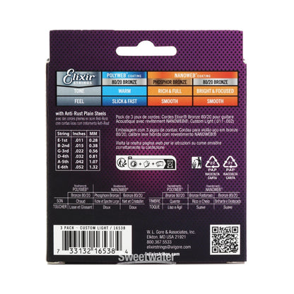 Elixir 11027 Nanoweb 80/20 Acoustic Guitar Strings - .011-.052 Custom Light (3-pack)