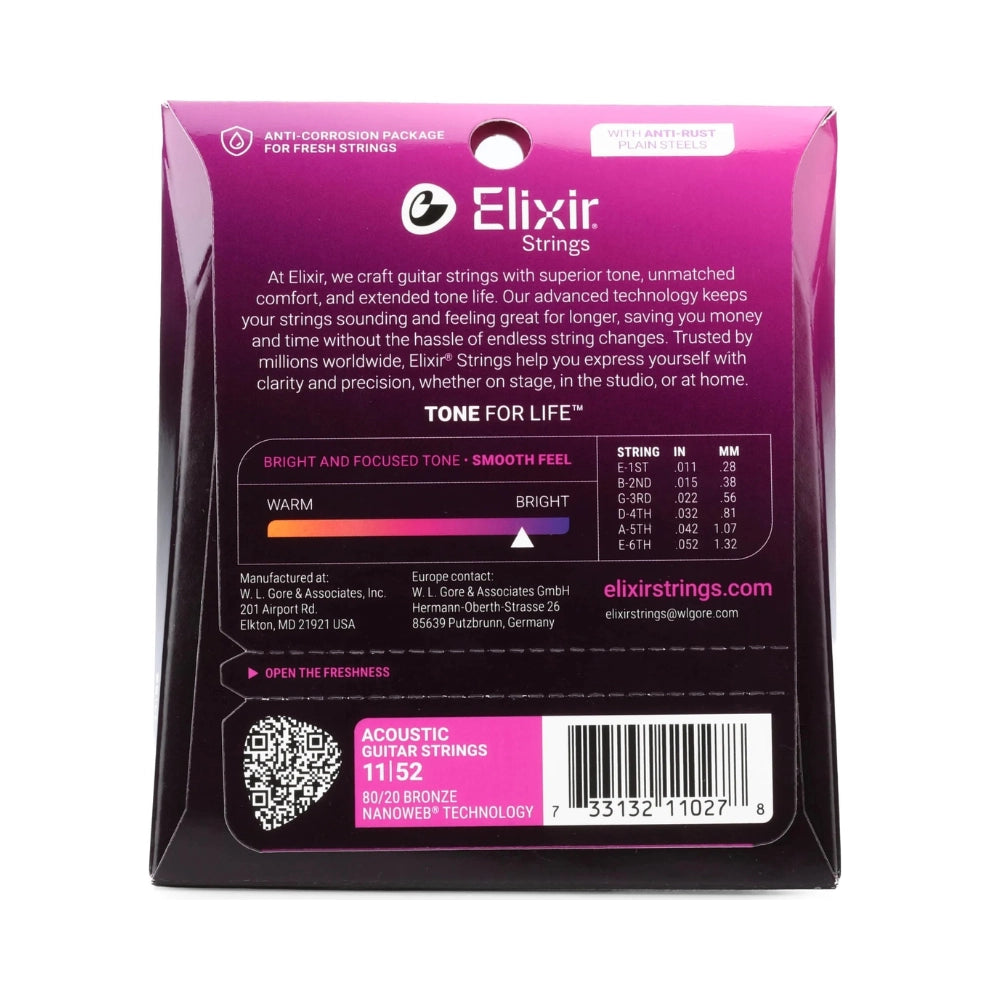 Elixir 11027 Nanoweb 80/20 Acoustic Guitar Strings - .011-.052 Custom Light