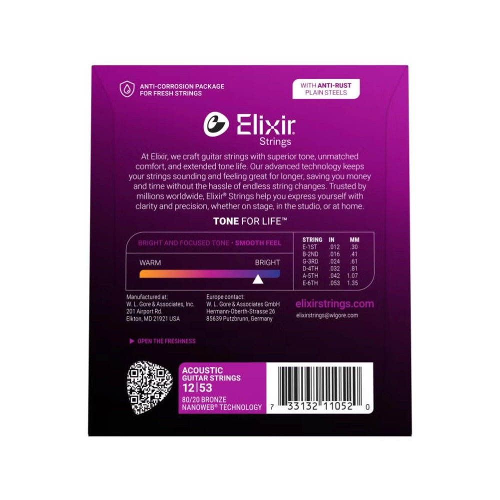 Elixir 11052 Nanoweb 80/20 Bronze Acoustic Guitar Strings - .012-.053 Light