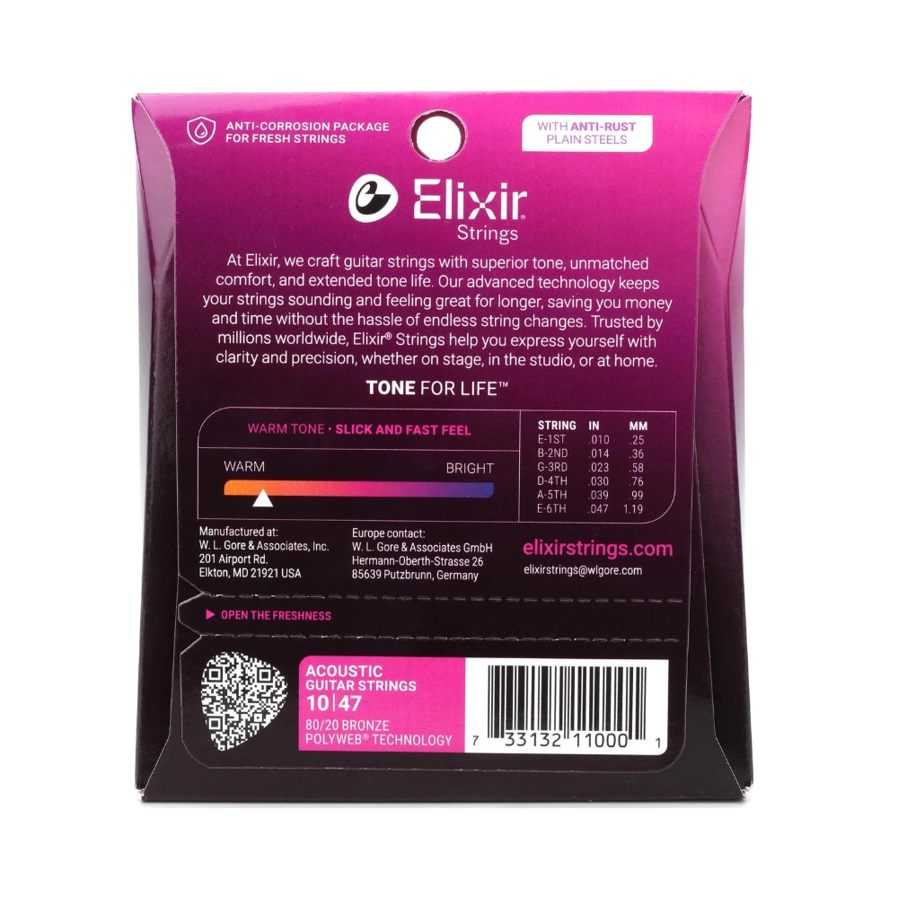 Elixir 11000 Polyweb 80/20 Bronze Acoustic Guitar Strings - .010-.047 Extra Light