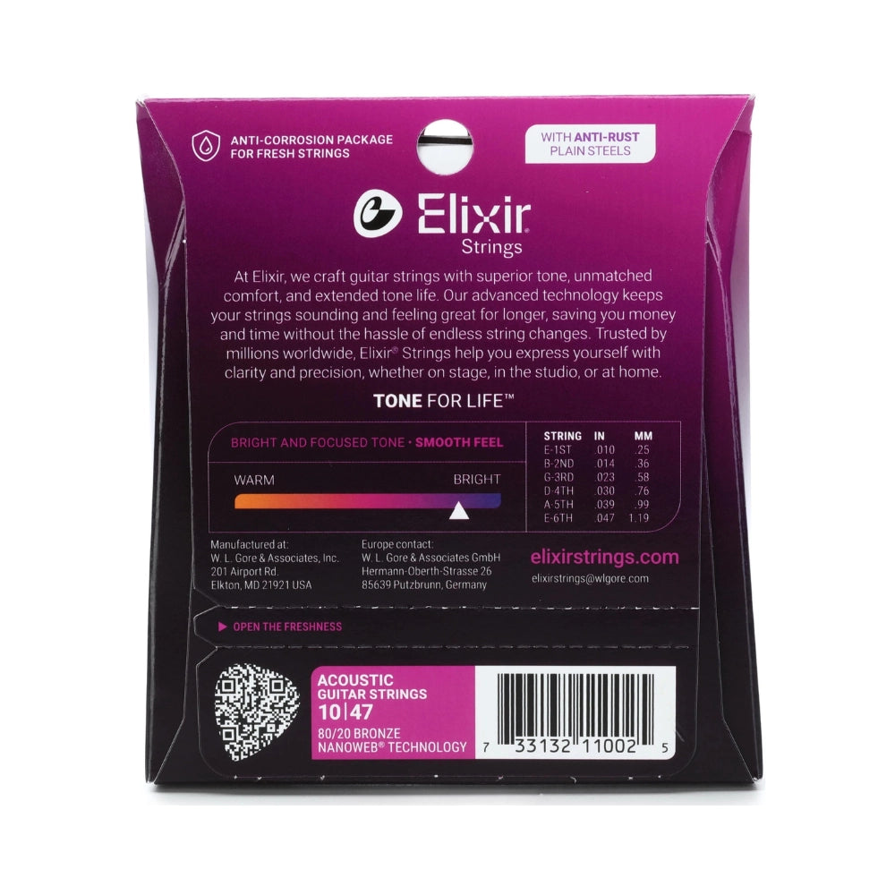 Elixir 11002 Nanoweb 80/20 Acoustic Guitar Strings - .010-.047 Extra Light