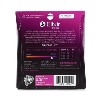 Elixir 11002 Nanoweb 80/20 Acoustic Guitar Strings - .010-.047 Extra Light