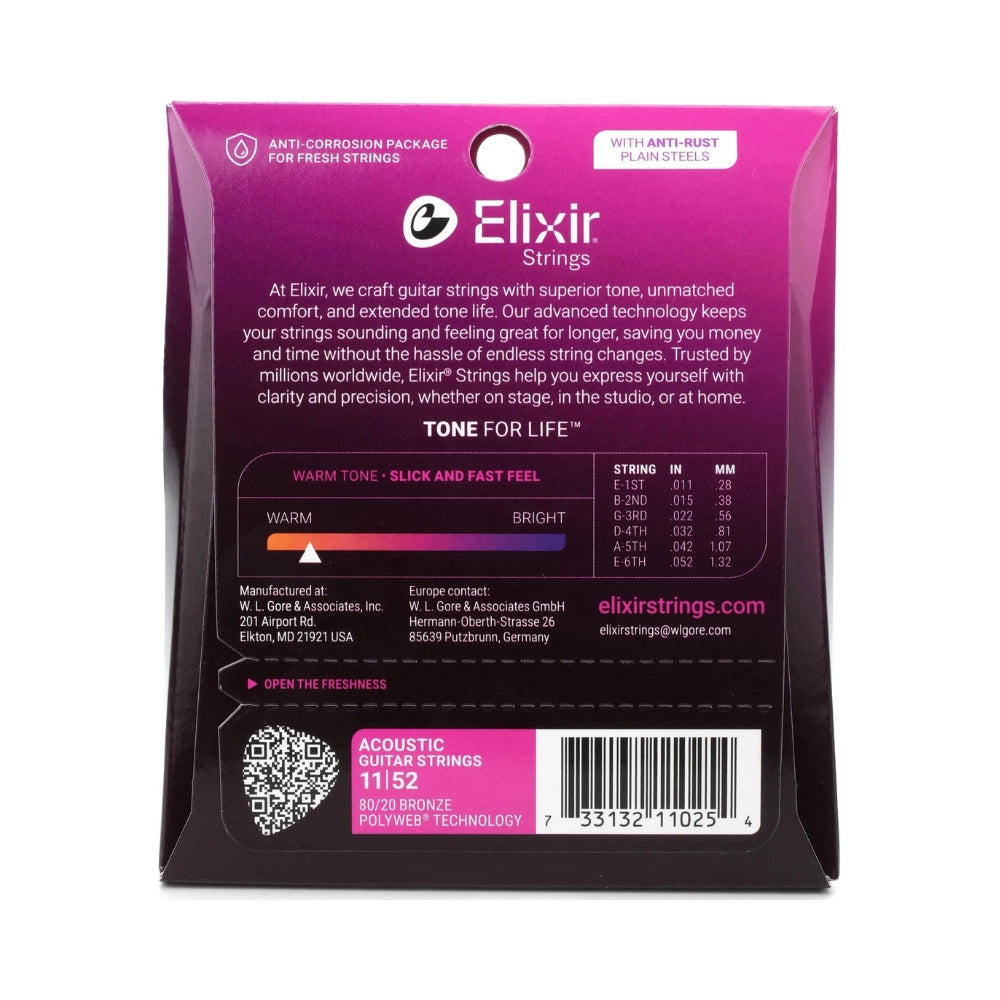 Elixir 11025 Polyweb 80/20 Bronze Acoustic Guitar Strings - .011-.052 Custom Light