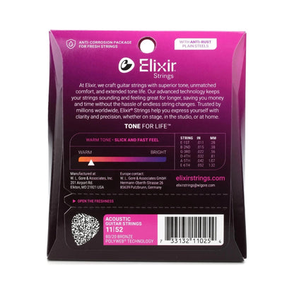 Elixir 11025 Polyweb 80/20 Bronze Acoustic Guitar Strings - .011-.052 Custom Light
