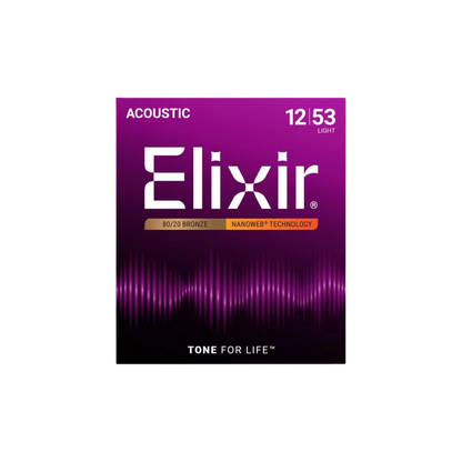 Elixir 11052 Nanoweb 80/20 Bronze Acoustic Guitar Strings - .012-.053 Light