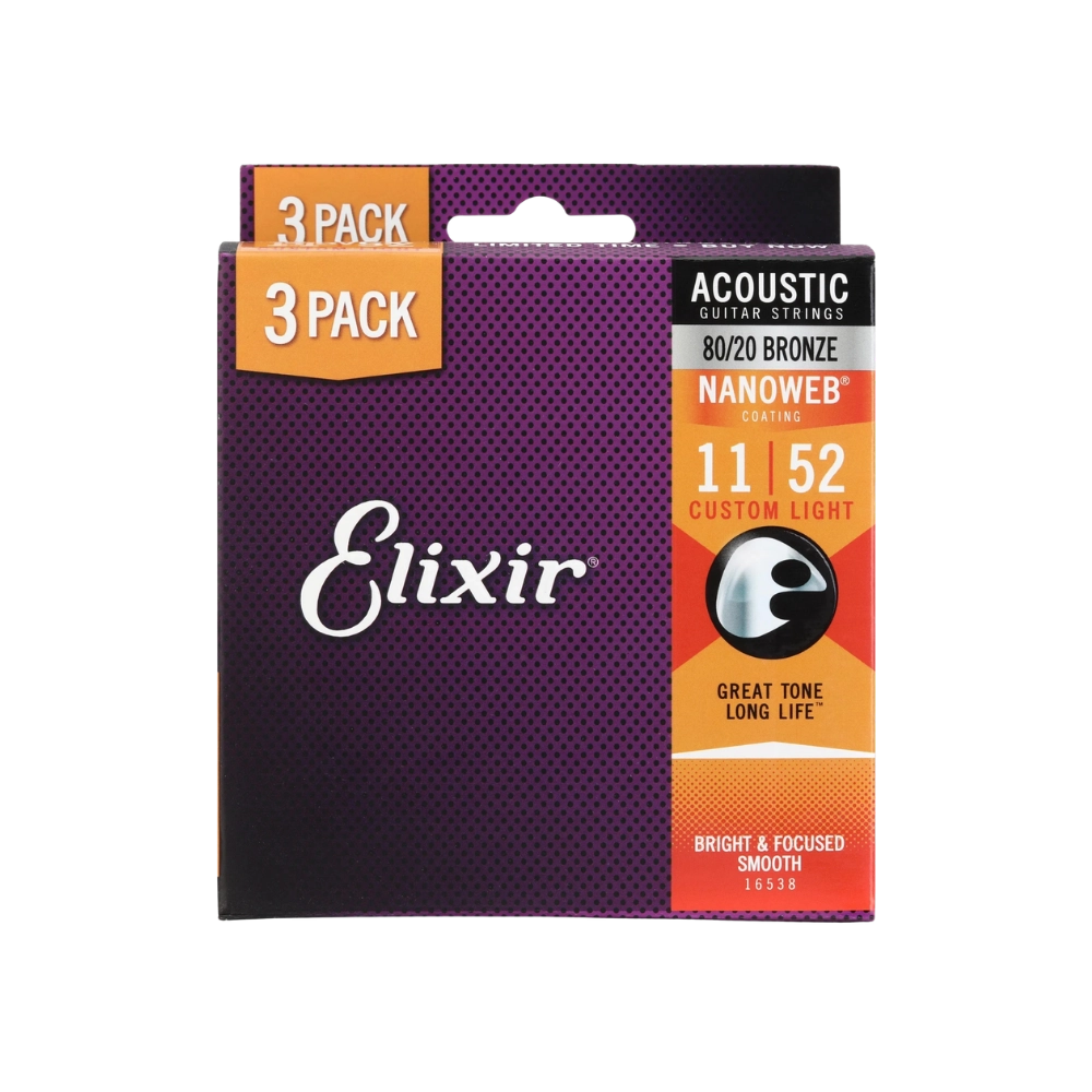 Elixir 11027 Nanoweb 80/20 Acoustic Guitar Strings - .011-.052 Custom Light (3-pack)