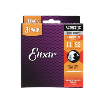 Elixir 11027 Nanoweb 80/20 Acoustic Guitar Strings - .011-.052 Custom Light (3-pack)